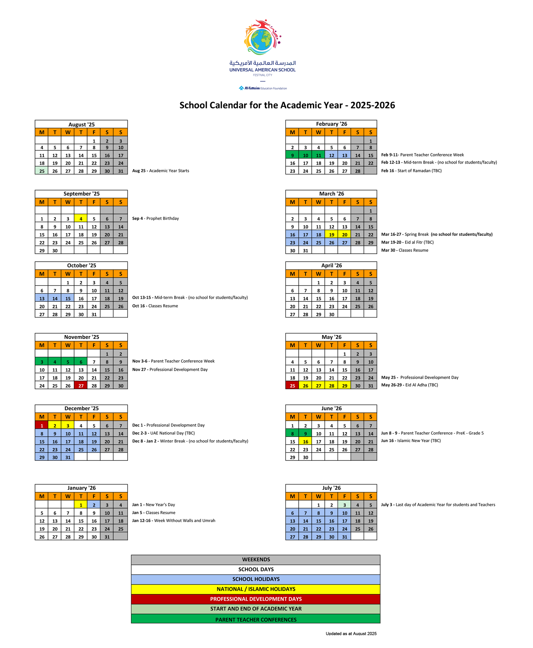 UAS Calendar 2025-2026